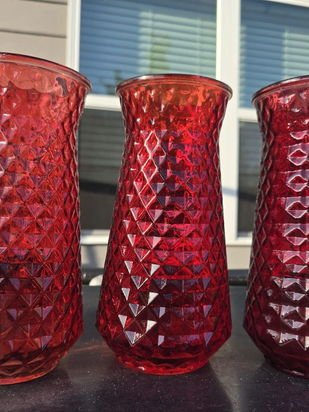 Set Of 3 Vintage Paula DPS 9in Vases. Each A Slightly Different Shade Of Red.